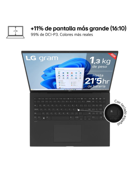 LG Gram 17Z90S Intel Core Ultra 7 155H Portátil 43,2 cm (17") WQXGA 16 GB LPDDR5-SDRAM 512 GB SSD Wi-Fi 6E (802.11ax) Windows 11