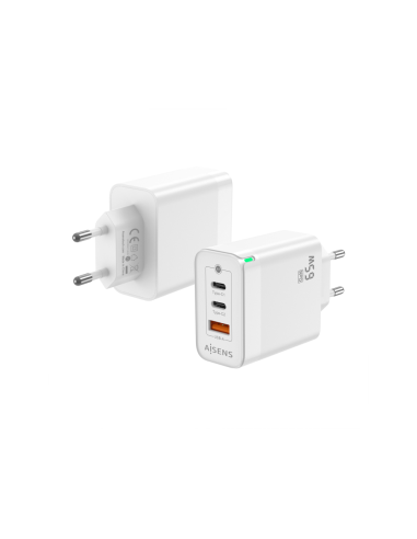 AISENS Cargador Gan 65W, 2xUSB-C PD3.0 QC4.0, 1xUSB-A QC3.0, Blanco
