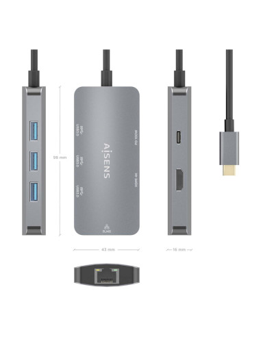 AISENS USB-C Dock 6 En 1, USB-C a 1xHDMI, 1xRJ45, 3xUSB-A, 1xUSB-C PD, Gris, 15cm