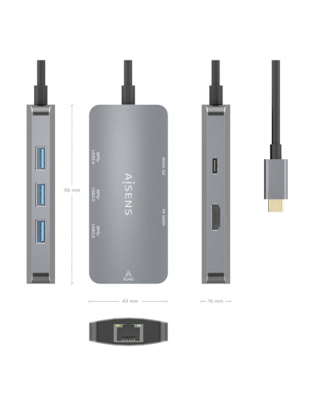 AISENS USB-C Dock 6 En 1, USB-C a 1xHDMI, 1xRJ45, 3xUSB-A, 1xUSB-C PD, Gris, 15cm