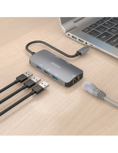 AISENS USB-C Dock 6 En 1, USB-C a 1xHDMI, 1xRJ45, 3xUSB-A, 1xUSB-C PD, Gris, 15cm