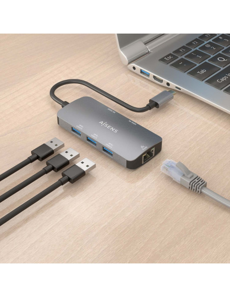 AISENS USB-C Dock 6 En 1, USB-C a 1xHDMI, 1xRJ45, 3xUSB-A, 1xUSB-C PD, Gris, 15cm