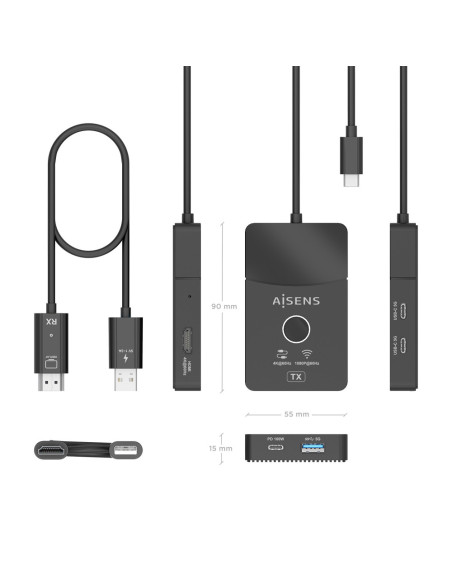 AISENS Docking USB-C a HDMI 1080P@60Hz (Inalámbrico) 30M, 1xHDMI 4K60HZ (Cable) 2xUSB-C 1xUSB-A 1xUSB-C PD 100W, Negro