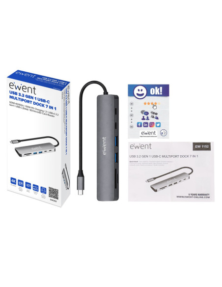 Ewent EW1152 base para portátil y replicador de puertos Alámbrico USB 3.2 Gen 1 (3.1 Gen 1) Type-C Gris