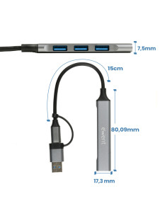 Ewent EW1154 hub de interfaz USB 3.2 Gen 1 (3.1 Gen 1) Type-A + Type-C Gris 2