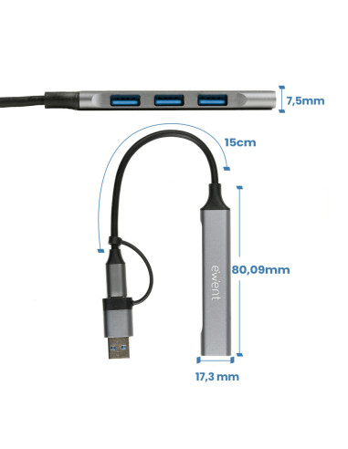 Ewent EW1154 hub de interfaz USB 3.2 Gen 1 (3.1 Gen 1) Type-A + Type-C Gris