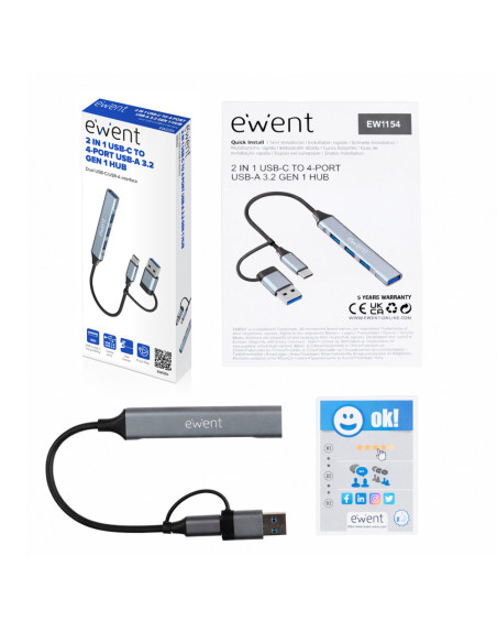 Ewent EW1154 hub de interfaz USB 3.2 Gen 1 (3.1 Gen 1) Type-A + Type-C Gris
