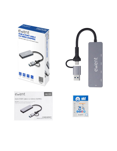 Ewent EW1151 hub de interfaz USB Tipo C 10000 Mbit/s Gris