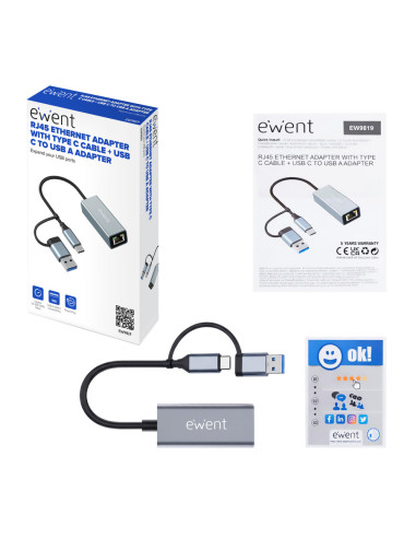 Ewent EW9819 hub de interfaz USB 3.2 Gen 1 (3.1 Gen 1) Type-A + Type-C 1000 Mbit/s Gris