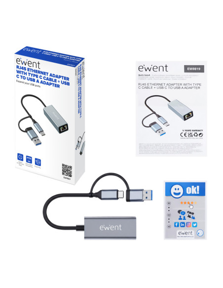 Ewent EW9819 hub de interfaz USB 3.2 Gen 1 (3.1 Gen 1) Type-A + Type-C 1000 Mbit/s Gris