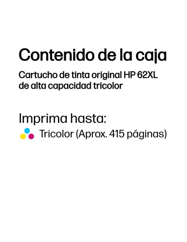 HP Cartucho de tinta original 62XL de alta capacidad tricolor