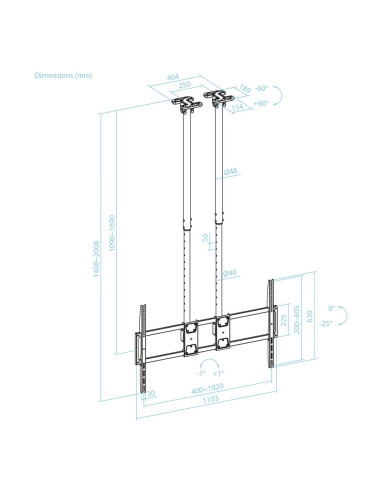 TooQ Soporte de Techo Extensible con doble mástil para Pantallas 60”-120", Negro