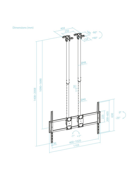 TooQ Soporte de Techo Extensible con doble mástil para Pantallas 60”-120", Negro