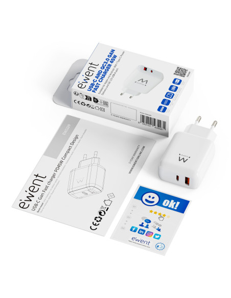 Ewent EW1329 cargador de dispositivo móvil Universal Blanco Corriente alterna Carga rápida Interior