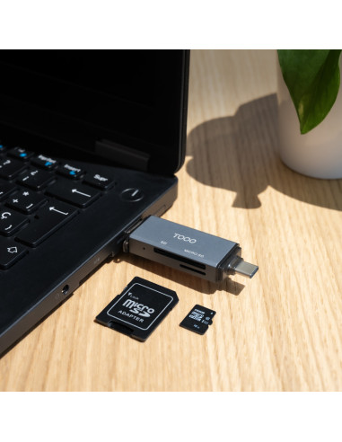 TooQ Lector de Tarjetas SD + TF, con entradas USB-C 3.0 + USB A, Color Gris