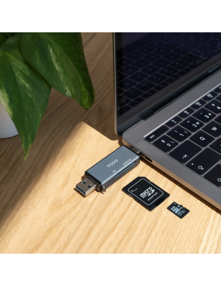 TooQ Lector de Tarjetas SD + TF, con entradas USB-C 3.0 + USB A, Color Gris
