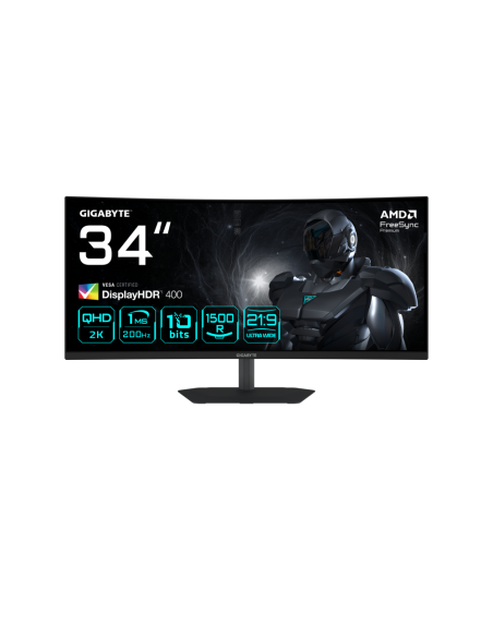 GIGABYTE G34WQC2 Monitor Gaming Curvo 34” WQHD - 3440 x 1440, 1500R, 200Hz, 1ms, 450 cd/m², AMD FreeSync Premium, DisplayHDR 400