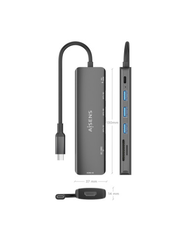 AISENS ASUC-7P025-GR base para portátil y replicador de puertos Alámbrico USB 3.2 Gen 1 (3.1 Gen 1) Type-C