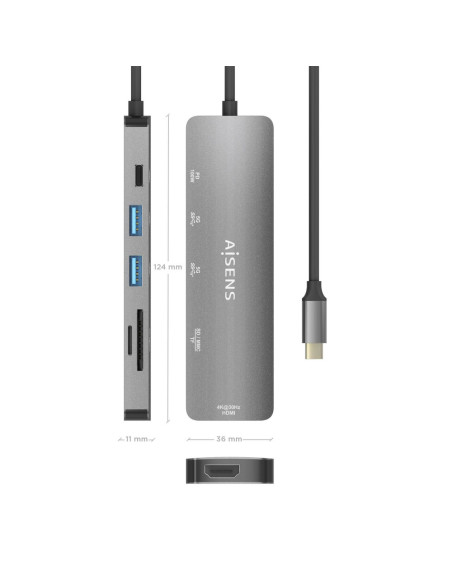 AISENS ASUC-6P016-GR base para portátil y replicador de puertos Alámbrico USB 3.2 Gen 1 (3.1 Gen 1) Type-C