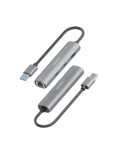 AISENS USB3.0 Dock USB-A A Ethernet Gigabit + Hub 2xUSB-C+1xUSB-A, Gris, 15cm