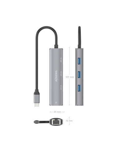 AISENS Dock USB-C A Ethernet Gigabit + Hub 3xUSB-A, Gris, 15cm