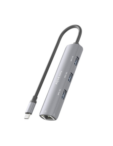 AISENS Dock USB-C A Ethernet Gigabit + Hub 3xUSB-A, Gris, 15cm