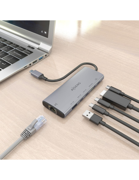 AISENS USB-C Dock 6 en 1, USB-C a 1xHDMI, 1xRJ45, 1xUSB-A 10G, 2xUSB-C 10G, 1xUSB-C PD, Gris, 20cm