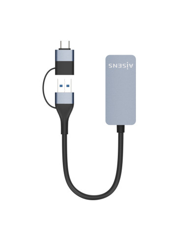 AISENS Conversor USB3.2 Gen1 USB-A+USB-C a Ethernet 2.5G 10/100/1000/2500 Mbps, Gris, 15cm