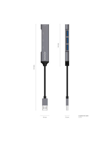 AISENS Hub USB 3.0 Aluminio, Tipo A/M - 4x Tipo A/H, Gris, 10cm