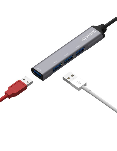 AISENS Hub USB 3.1 USB-C, Tipo C/M - 4x Tipo A/H, Gris, 10 cm