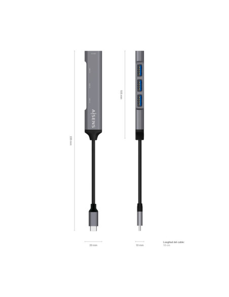 AISENS Hub USB 3.1 USB-C, Tipo C/M - 4x Tipo A/H, Gris, 10 cm