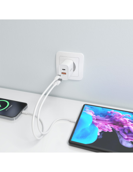 AISENS Cargador GaN 30W, 1xUSB-C PD3.0 QC4.0, 1xUSB-A QC3.0, Blanco