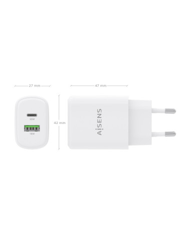 AISENS Cargador GaN 30W, 1xUSB-C PD3.0 QC4.0, 1xUSB-A QC3.0, Blanco