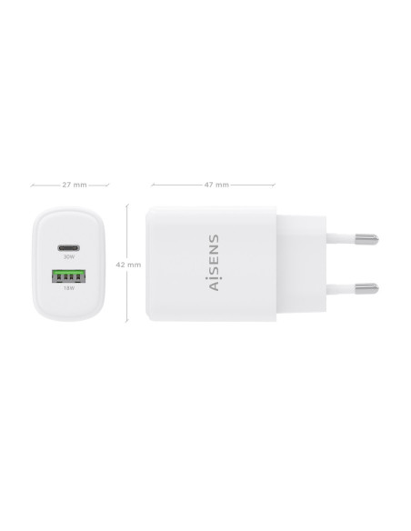 AISENS Cargador GaN 30W, 1xUSB-C PD3.0 QC4.0, 1xUSB-A QC3.0, Blanco