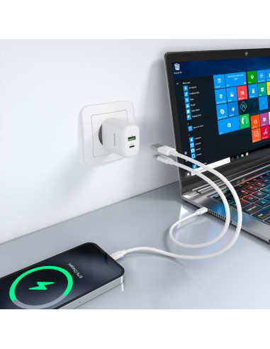 AISENS Cargador GaN 30W, 1xUSB-C PD3.0 QC4.0, 1xUSB-A QC3.0, Blanco