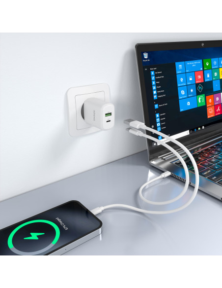 AISENS Cargador GaN 30W, 1xUSB-C PD3.0 QC4.0, 1xUSB-A QC3.0, Blanco