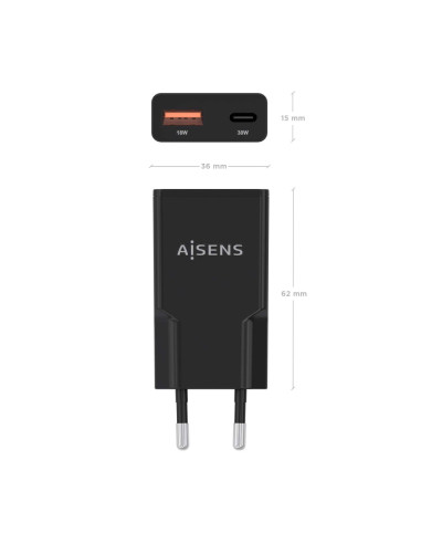 AISENS ASCH-30W2P047-BK cargador de dispositivo móvil Cámara digital, MP3, MP4, Teléfono móvil, Navegante, Portátil, Consola de 