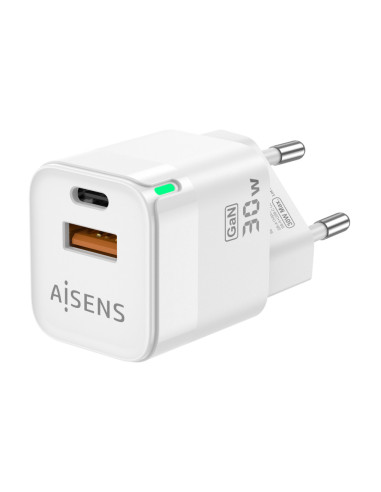 AISENS Cargador Gan 30W, 1xUSB-C PD3.0 QC4.0, 1xUSB-A QC3.0, Blanco