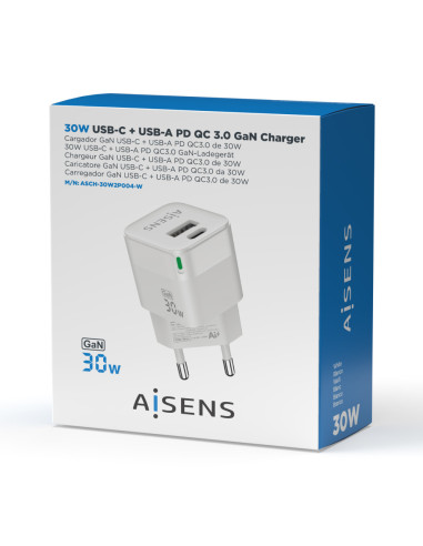 AISENS Cargador Gan 30W, 1xUSB-C PD3.0 QC4.0, 1xUSB-A QC3.0, Blanco
