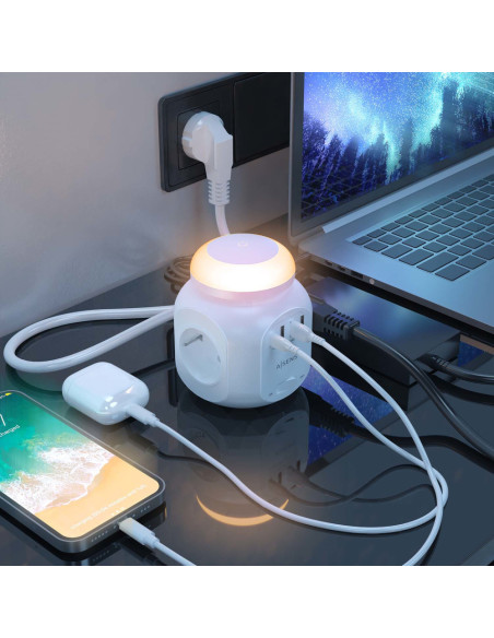 AISENS Regleta de Enchufes Sobremesa Multifuncion con 4 Tomas + 1XUSB-C, 3XUSB-A, Luz Nocturna, 1.8M, Blanco