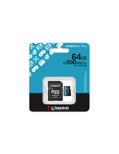 Kingston Technology Tarjeta microSDXC Canvas Go Plus Gen4 de 64 GB, 200 MB/s, A2 U3 V30 y adaptador