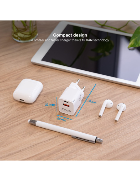TooQ Cargador de Pared GaN USB-C/PD + USB-A/QC 30W, Blanco