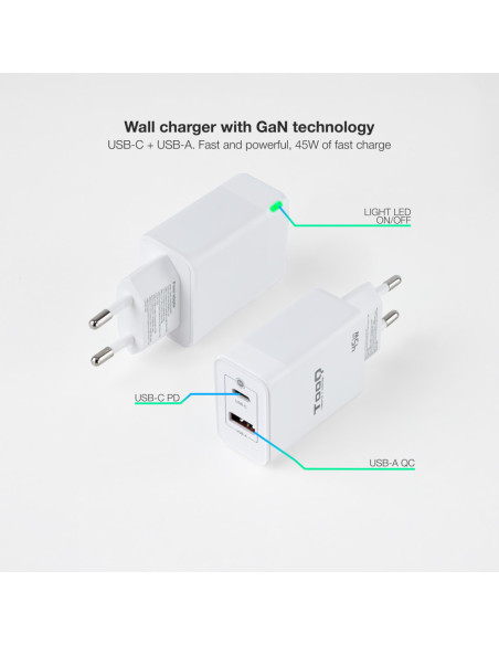 TooQ Cargador de Pared GaN USB-C/PD + USB-A/QC 45W, Blanco