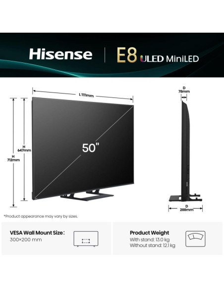Hisense 50E8Q 127 cm (50") 4K Ultra HD Smart TV Wifi Negro, Gris 600 cd / m²