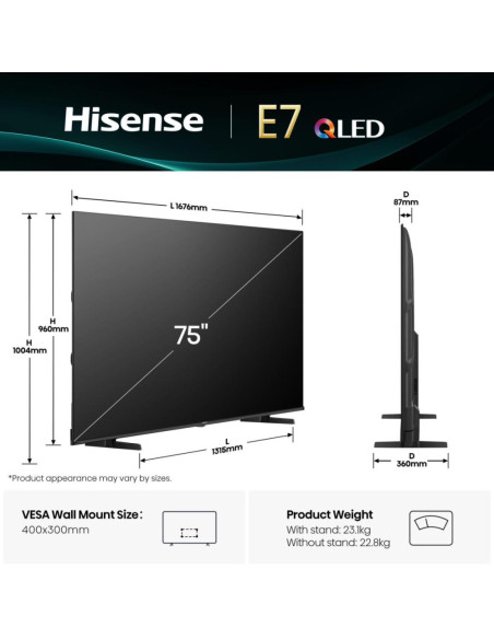 Hisense 75E7Q 190,5 cm (75") 4K Ultra HD Smart TV Wifi Negro 385 cd / m²