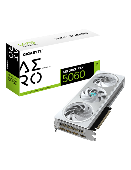 GIGABYTE GeForce RTX 5060 AERO OC 8G Tarjeta Gráfica - 8GB GDDR7, 128bit, PCI-E 5.0, 2595 MHz Frecuencia del núcleo, 3 x Display