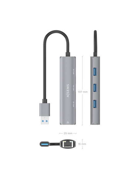 AISENS USB3.0 Dock USB-A A Ethernet Gigabit + Hub 3xUSB-A, Gris, 15cm
