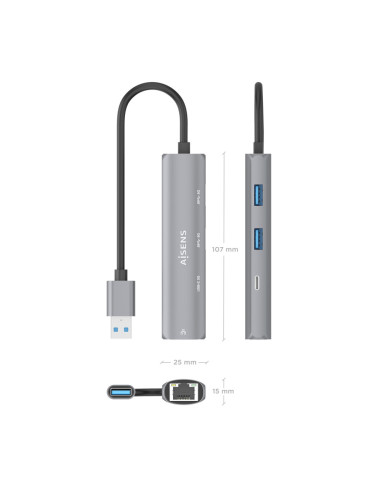 AISENS USB3.0 Dock USB-A A Ethernet Gigabit + Hub 1xUSB-C+2xUSB-A, Gris, 15cm