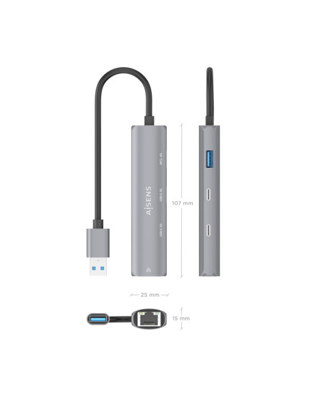 AISENS USB3.0 Dock USB-A A Ethernet Gigabit + Hub 2xUSB-C+1xUSB-A, Gris, 15cm