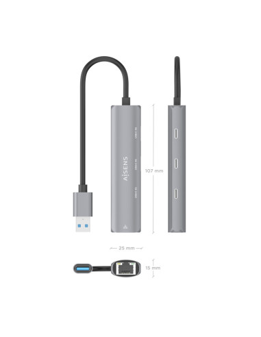 AISENS USB3.0 Dock USB-A A Ethernet Gigabit + Hub 3xUSB-C, Gris, 15cm